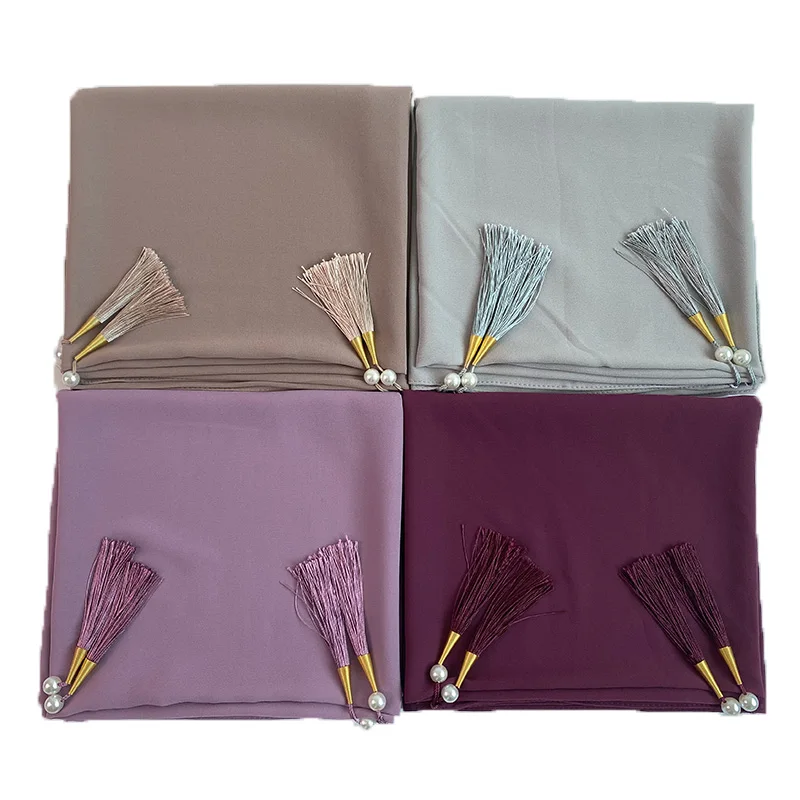 Designer Bubble Chiffon Solider Color Scarf Long Soft Wrap Scarf Shawl Scarves Femme Bufandas Beaded Pearls Hijabs Tassel Scarf