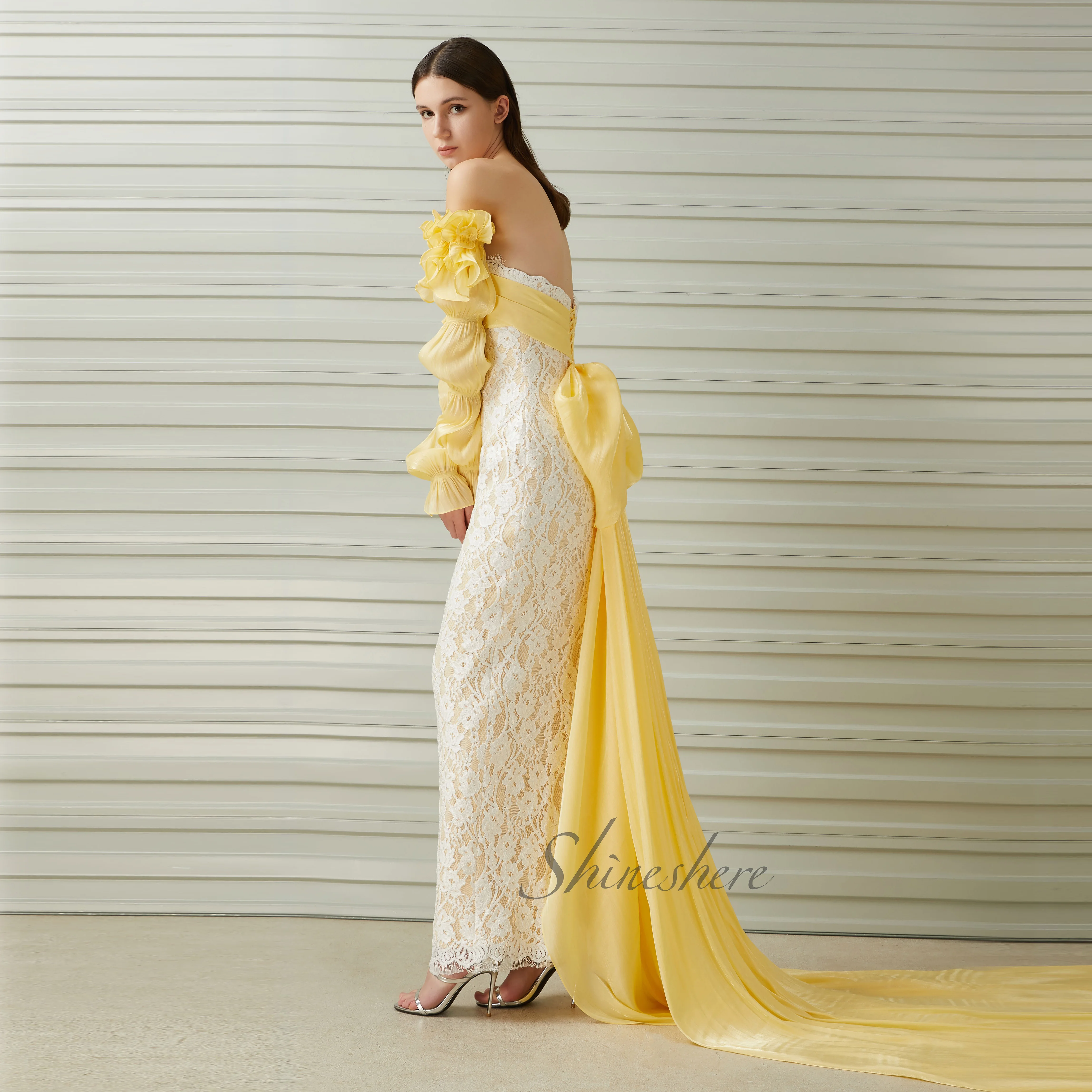 Jusere evening dress elegant party dress with long sleeves off the shoulder evening gown with sweep train