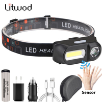 Litwod 1804 Sensor LED Headlamp Headlights Outdoor Camping Portable Mini XPE+COB Headlamp USB Charging Fishing Light for 18650