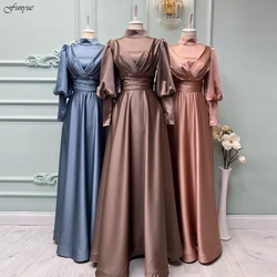 Elegant A-Line Satin Hijab Evening Gowns Long Sleeve Muslim Formal Prom Dresses Simple Abiye Gece Elbisesi Abendkleider 2024