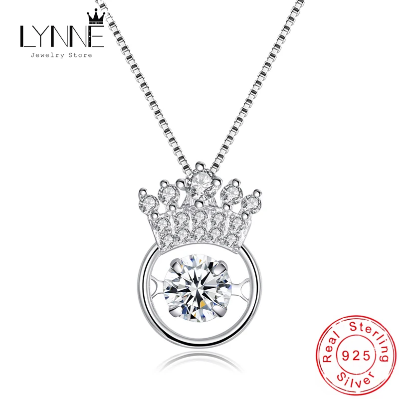 New Fashion 925 Sterling Silver Crown Round Pendant Necklace Rotatable Will Dance Rhinestone Charm Necklaces Women Jewelry Gift