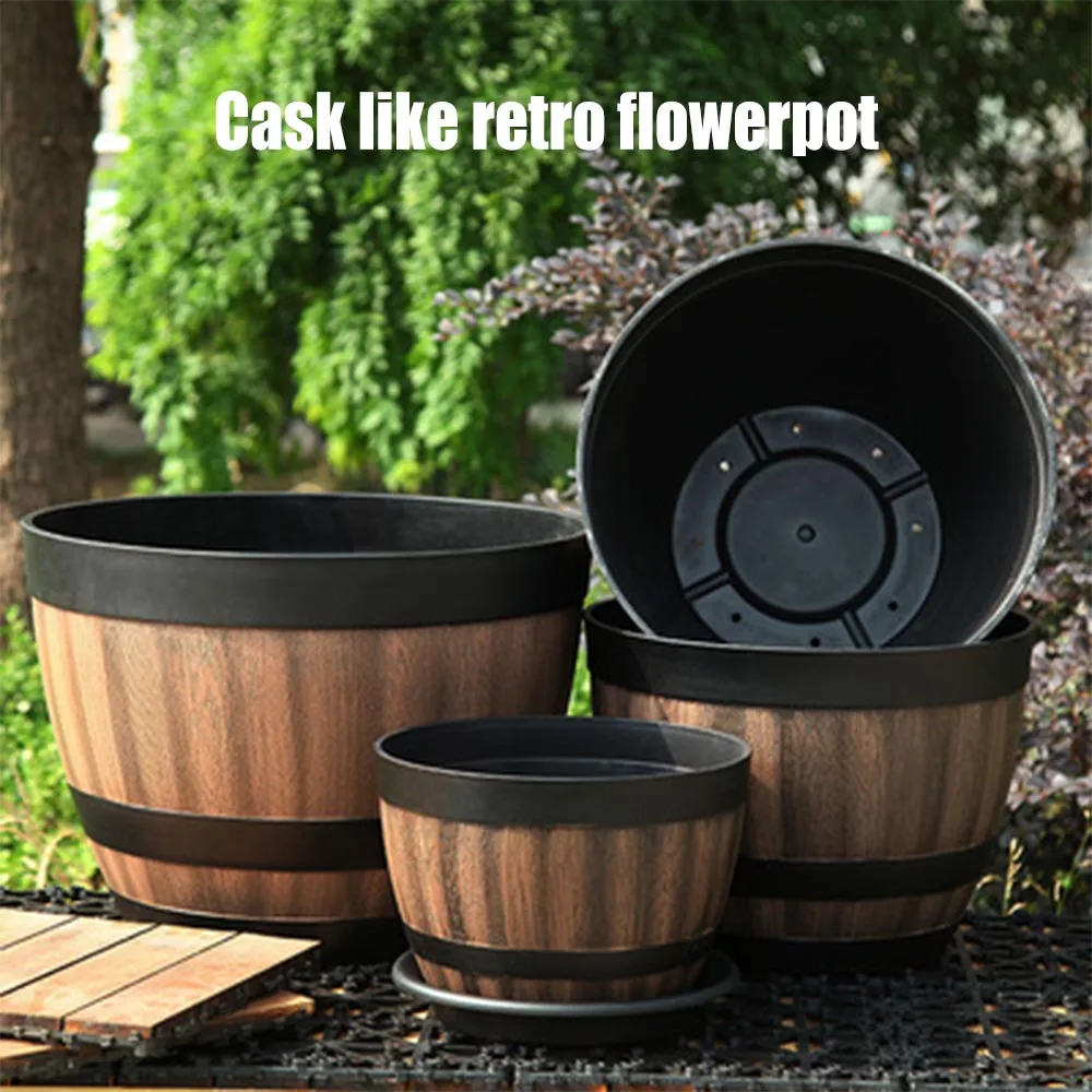 Resin Whiskey Barrel Flower Pot Round Planter Vintage Style Indoor Outdoor Garden Yard Patio PR Sale