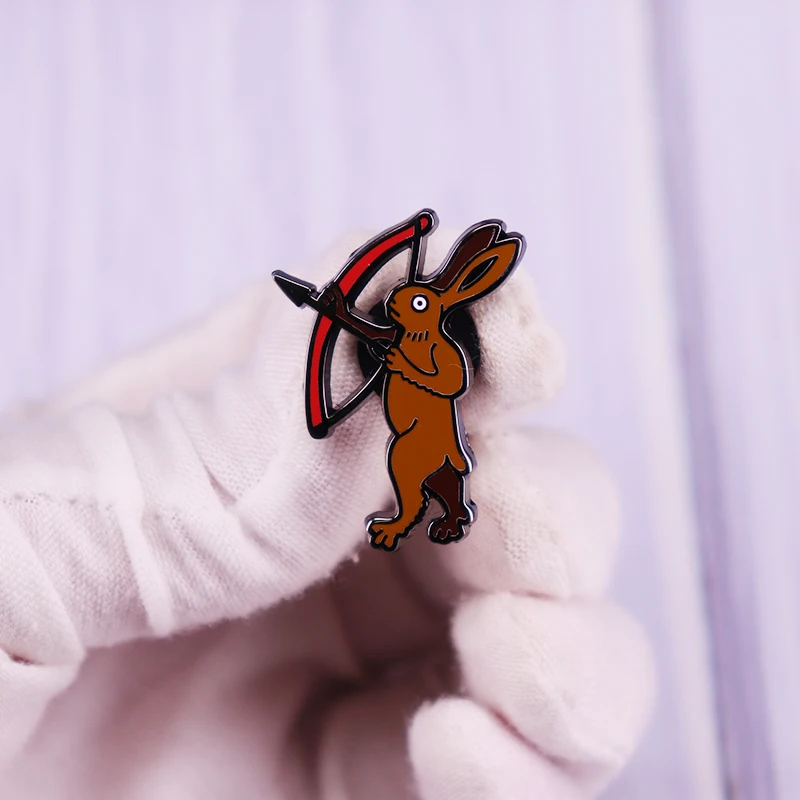 Nock. Paw. Loose. Pin Rabbit Arrow Brooch Badge Tired of being victimised this bad bunny is fighting back!