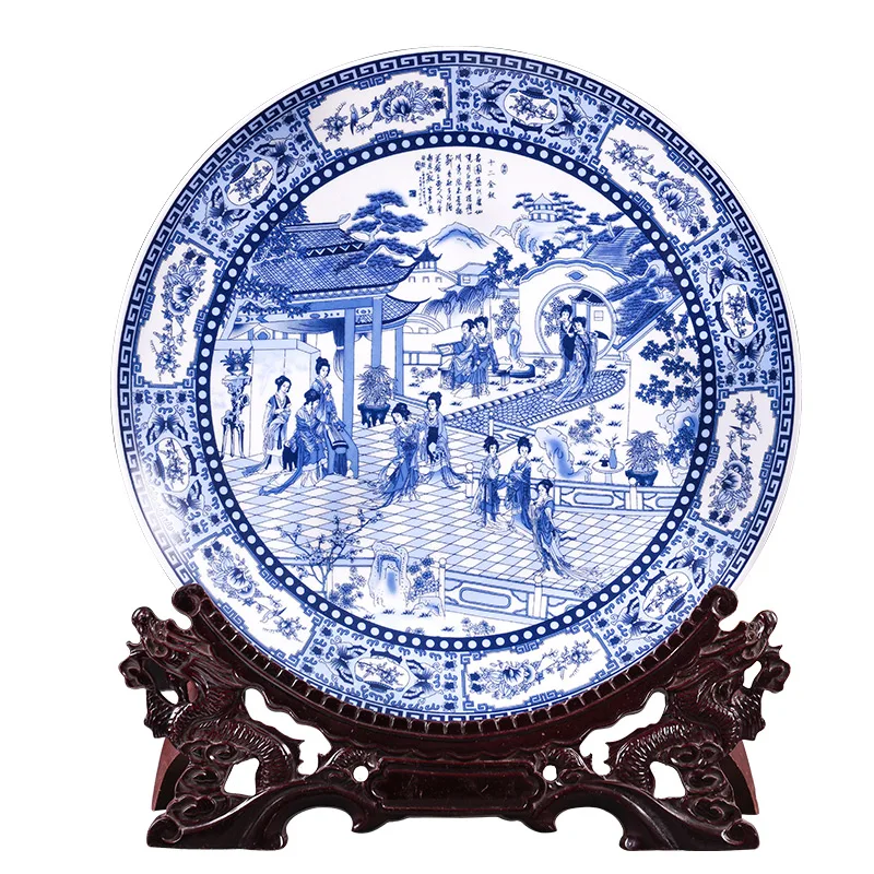 Jingdezhen porcelain antique blue and white porcelain hanging plate decorative plate Ornament New Chinese style living room deco