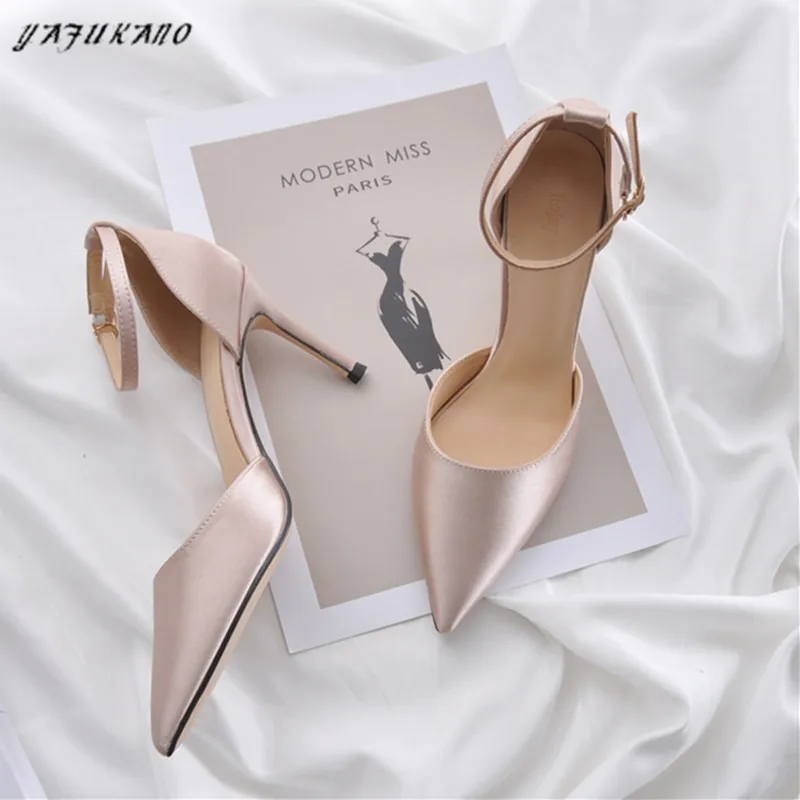 Silk Satin Mid Hollow High Heels Pointed Toe Sexy Single Shoes Thin Heels One-Word Buckle Women Shoes Champagne Lady Pumps 32 33