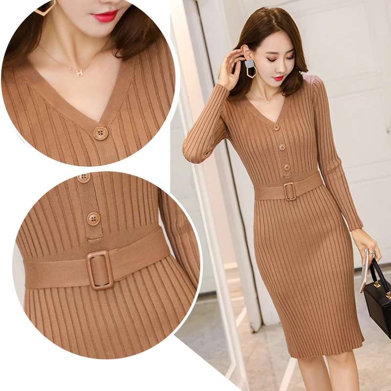 Knitted Belt Long Sleeve Dress Women 2021 Slim Bodycon Autumn Korean Elegant Fall Winter Button V Neck Sweater Midi Ribbed Dress