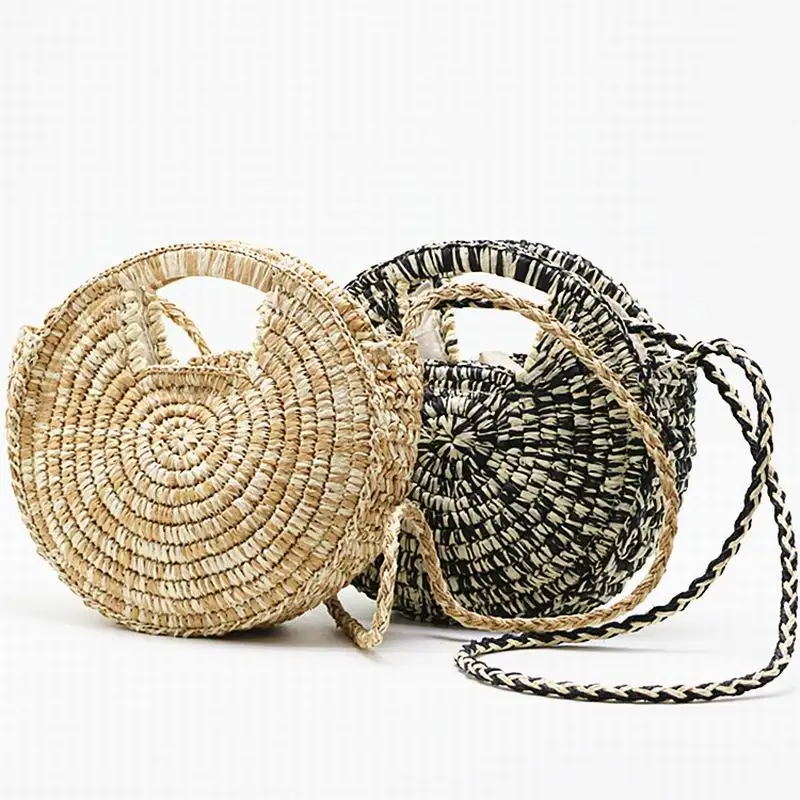 Textured Round Straw Bag Beach Boho French Market Strawbag Women Weave Shoulder Bag Round Summer Beach Purse And Handbags