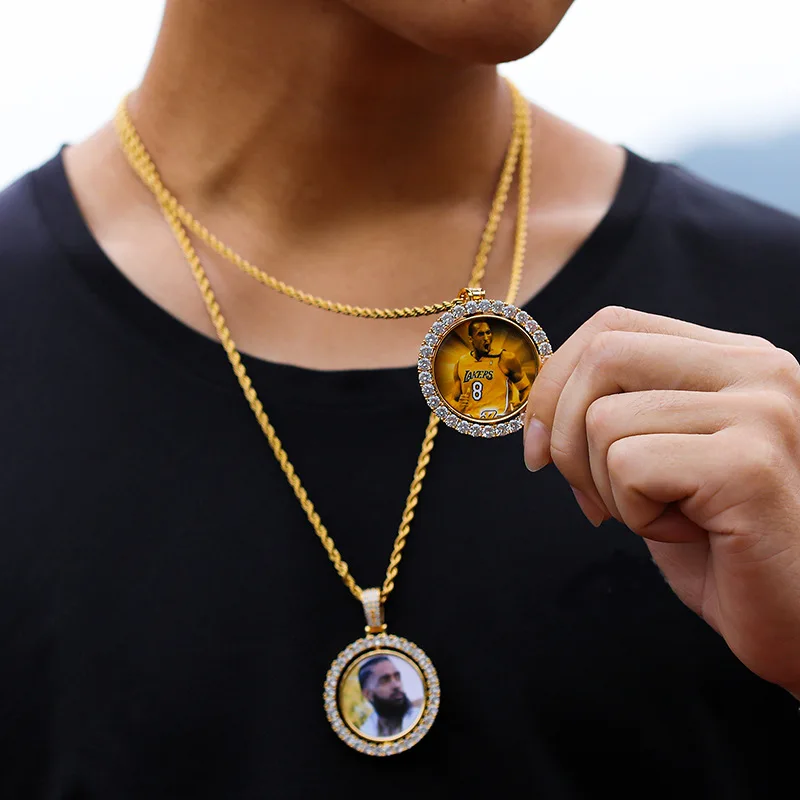 DODOAICustom Photo Necklace Rotating double-sided Medallions Pendant Necklace With 4mm Tennis Chain Zircon Men's Hip hop Jewelry