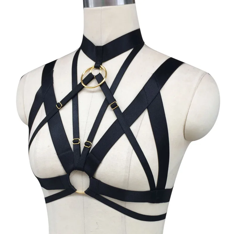 Black Harness Women O-Ring Cage Top With Garter Belts Body Harness Bondage belts Leg Harness Goth Harness Lingerie Clothing