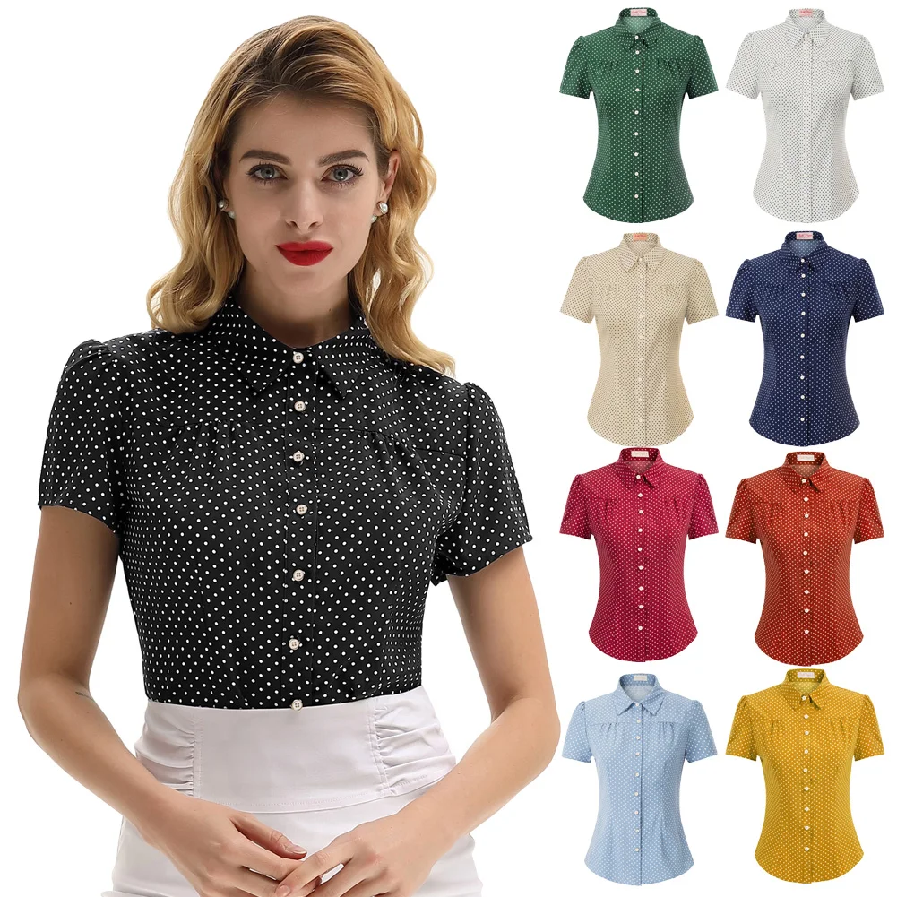 Belle Poque Shirt Women Retro Polka Dots Short Sleeve Blouse Turn-down Collar Curved Hem Shirt Summer Clothes New Fashion Ladies