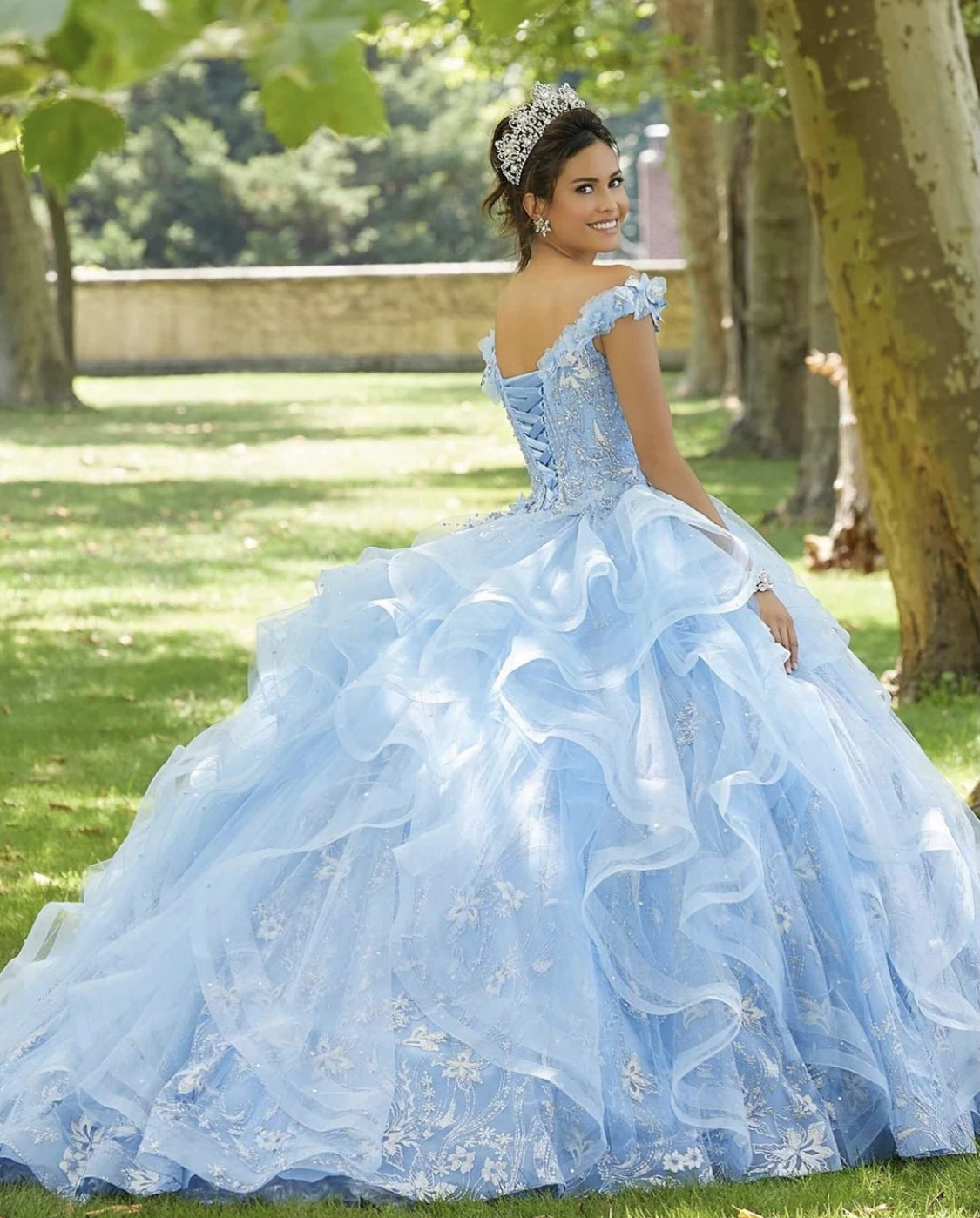 CloverBridal 2021 Gaun Quinceanera Bunga Romantis Biru Muda Quinceañera De 15 Gaun Pesta Ulang Tahun Cinderella WQ9799