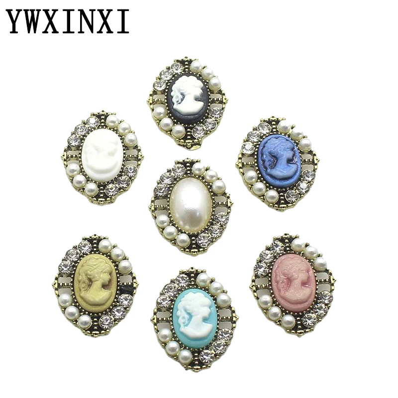 10 Pcs 20 * 25mm Retro Beauty Head Alloy Rhinestone Pearl Oval Flat Buckle DIY Hand Sewn Clothing,Jewelry,And Accessories Craft