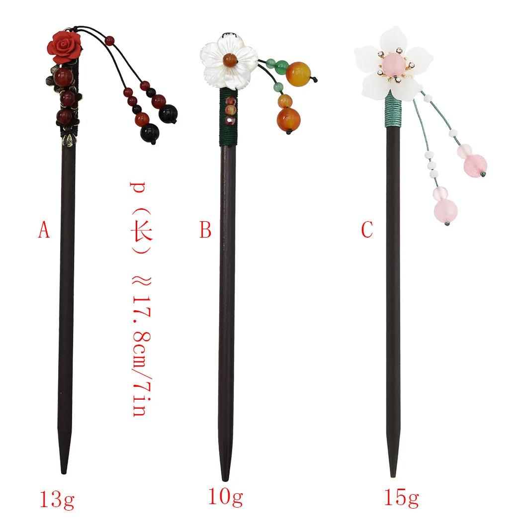 Palillos de estilo chino étnico para mujer, horquillas de madera con piedra roja, palillos para el pelo, piezas de flores, decoraciones para la cabeza