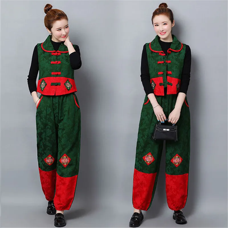 2023 Retro Embroidered Cotton linen Two Piece Set Women Buckle Vest Cardigan Coat+Tang Suit Lantern Pants Suit Female 5XLC1436