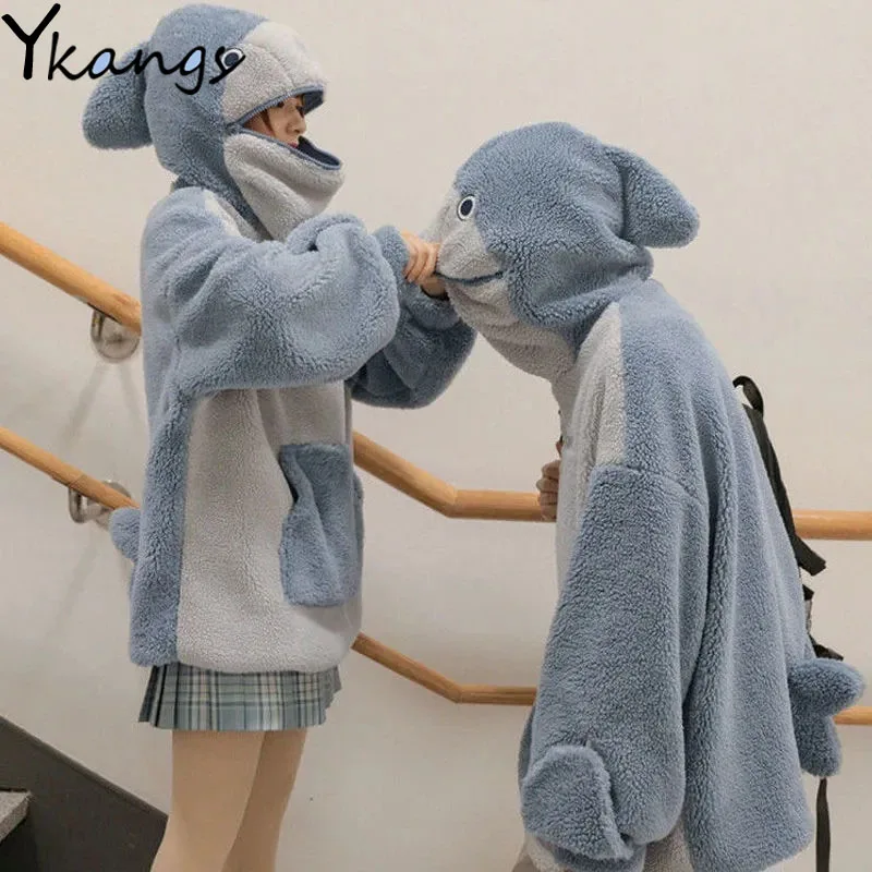 

Chic Oversized Cartoon Shark Kawaii Couple Hoodies Women Warm Winter Long Sleeve Japanese Sweatshirt Loose Plush Pullover Female