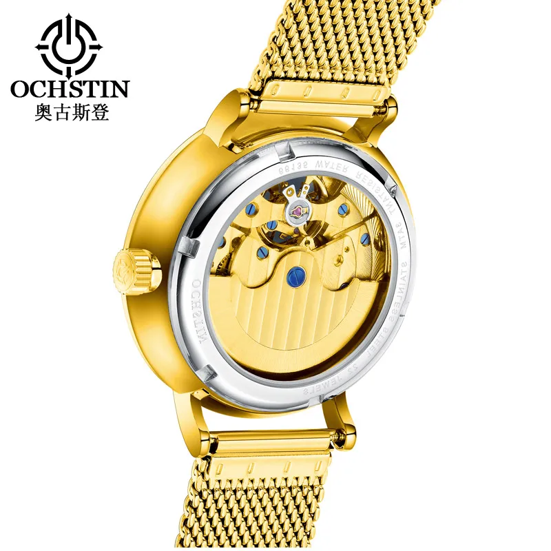 OCHSTIN Dual Time Zone Mesh Belt Dial Skeleton Tourbillon Moon Phase Watch Creativity Sport Automatic Mechanical Wristwatches