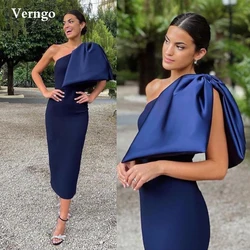 Verngo Navy Blue Satin Formal Evening Gowns With Big Bowknot One Shoulder Tea Length Women Party Dresses Custom Made Modern