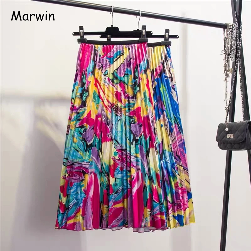 Marwin-Jupe Trapèze Mi-mollet à Motif Floral pour Femme, Vêtement de Vacances de Style High Street, Nouvelle Collection Printemps 2019