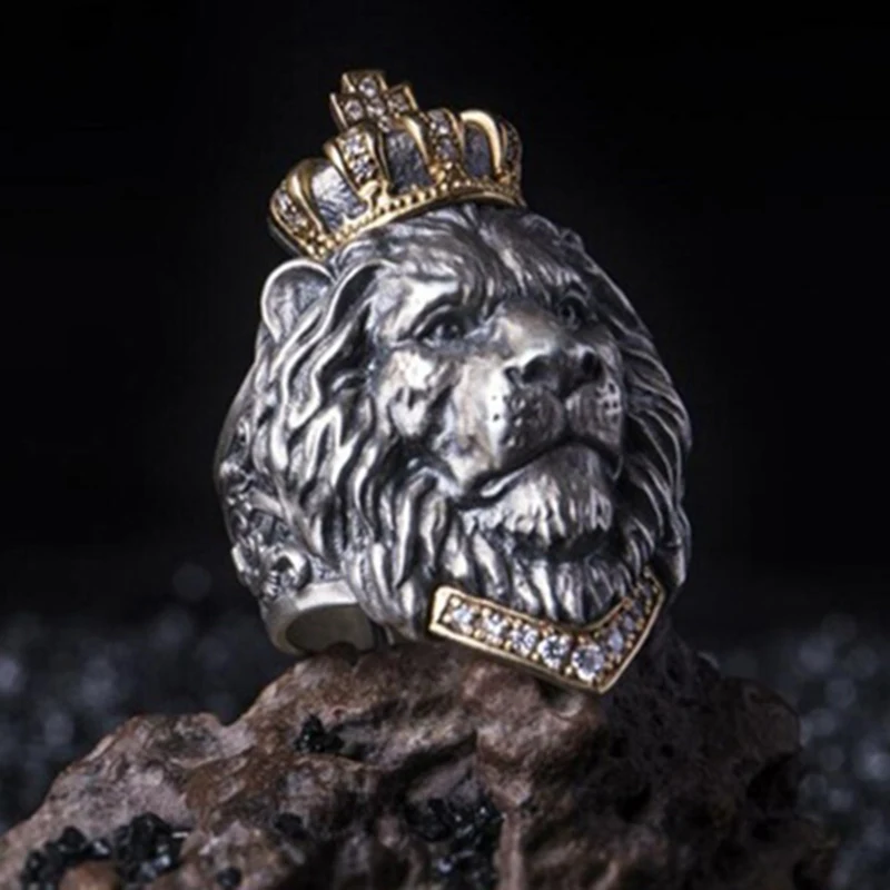 New Retro Crown Lion Domineering Luxury Vintage Men Rings Party Night Club Cubic Zirconia Animal King Lion Rings Jewelry Gifts