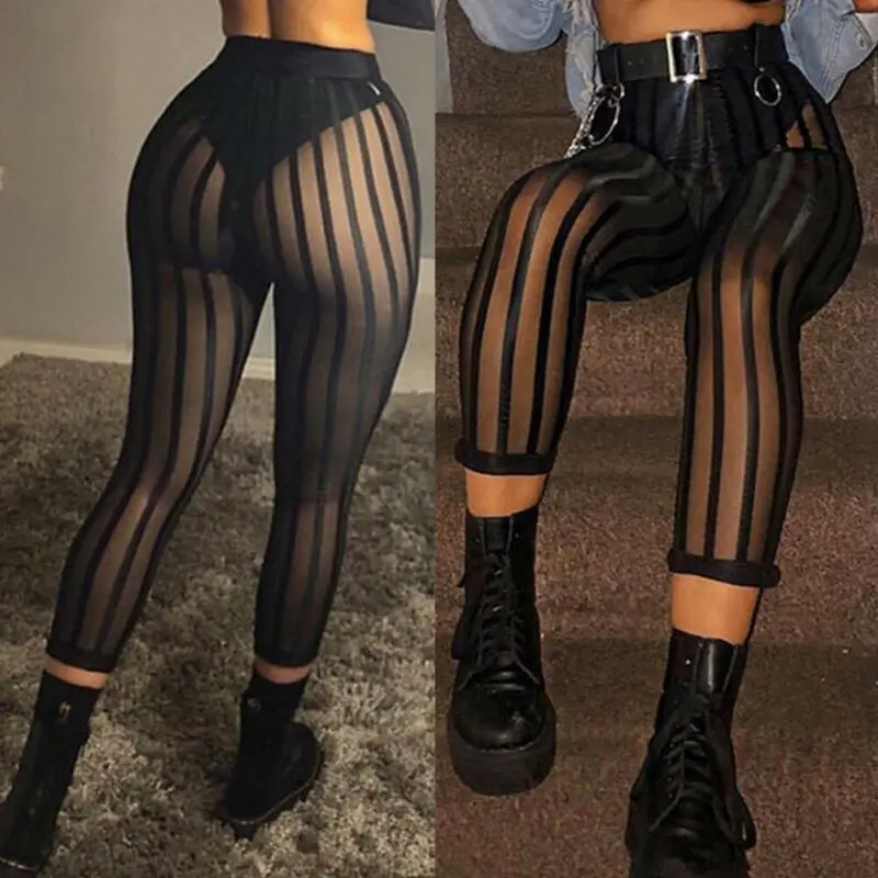 Hirigin 2019 Hot Sale Summer Women\'s Sexy Stretchy Leggings Trousers Pants Striped Perspective Mesh Pants Clubwear