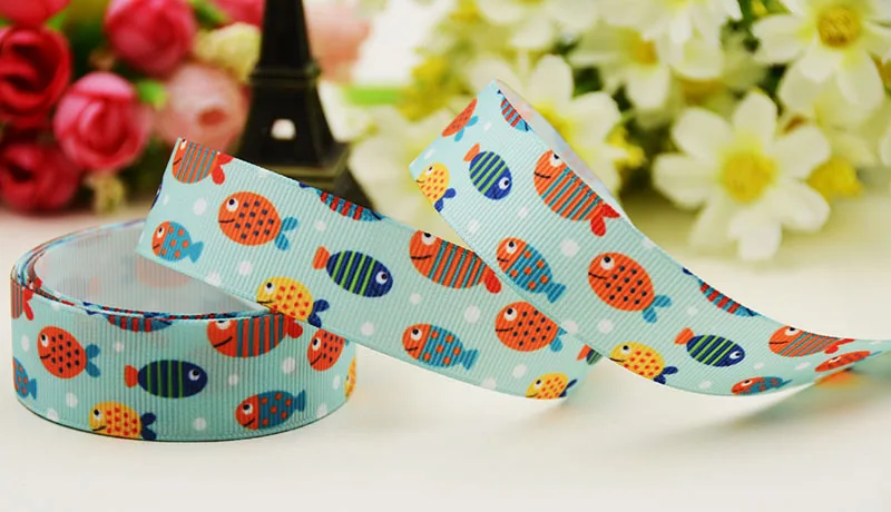 22mm 25mm 38mm 75mm Fish Cartoon pattern printed Grosgrain Ribbon party decoration 10 Yards X-04119