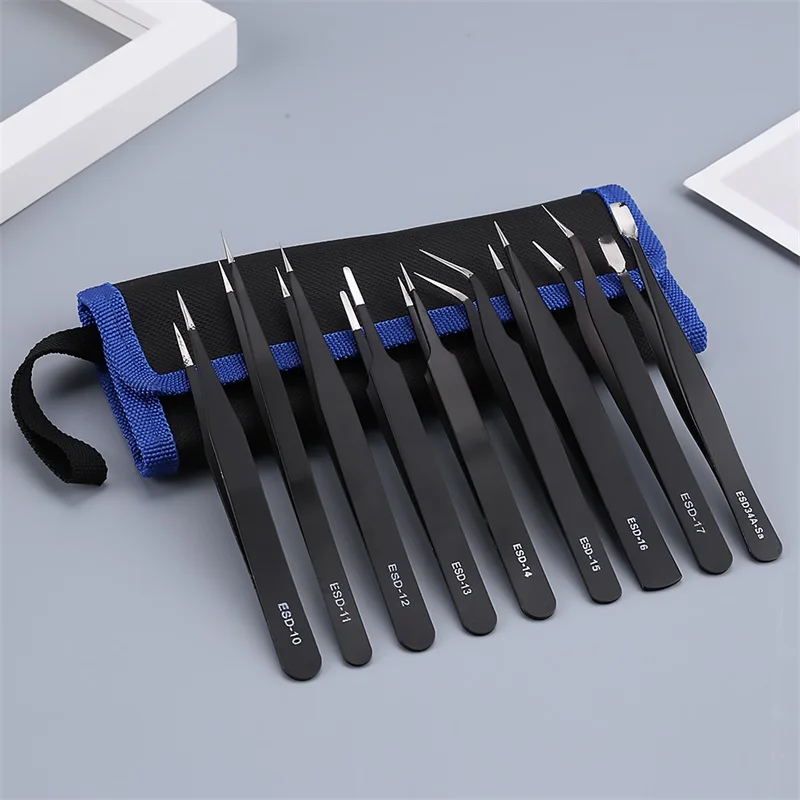 9pcs/set Stainless Steel Black Curved Straight Eyebrow Tweezers Anti-static Nipper Rhinestone Art Picking Tool