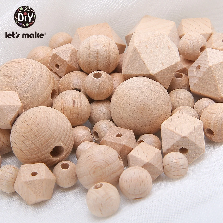 Let\'s Make 100pc Beech Hexagon Wooden Teether Beads Round 12-30mm Baby Rattle Beaded Wood Baby Teether Wooden Toys