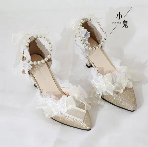 Lolita Shoes Spring Lace High heels Bow Women Cute Girls Shiny Girls