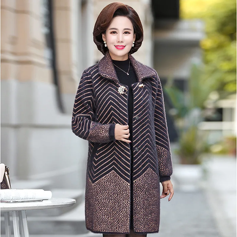 UHYTGF Elegant Mom Autumn winter wool coat fashion stripe Cardigan 4XL Big size tops Imitation Mink Cashmere woolen jacket 487