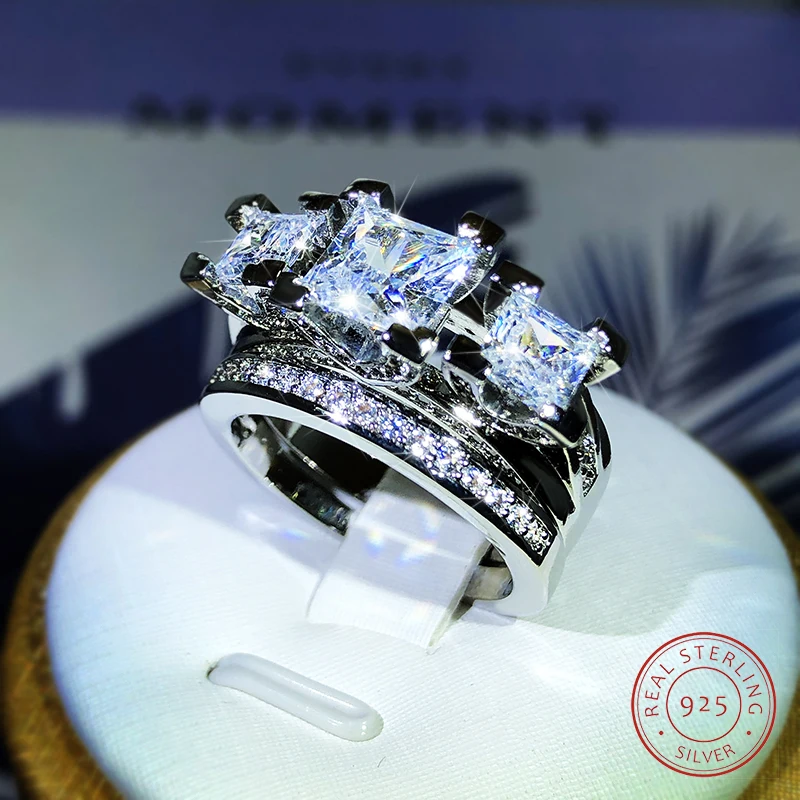 925 Sterling Silver luksusowe kryształowe kwadratowe pierścionki z dużym kamieniem ślubny pierścionek zaręczynowy dla nowożeńców kobiecy pierścionek z cyrkonią dla kobiet