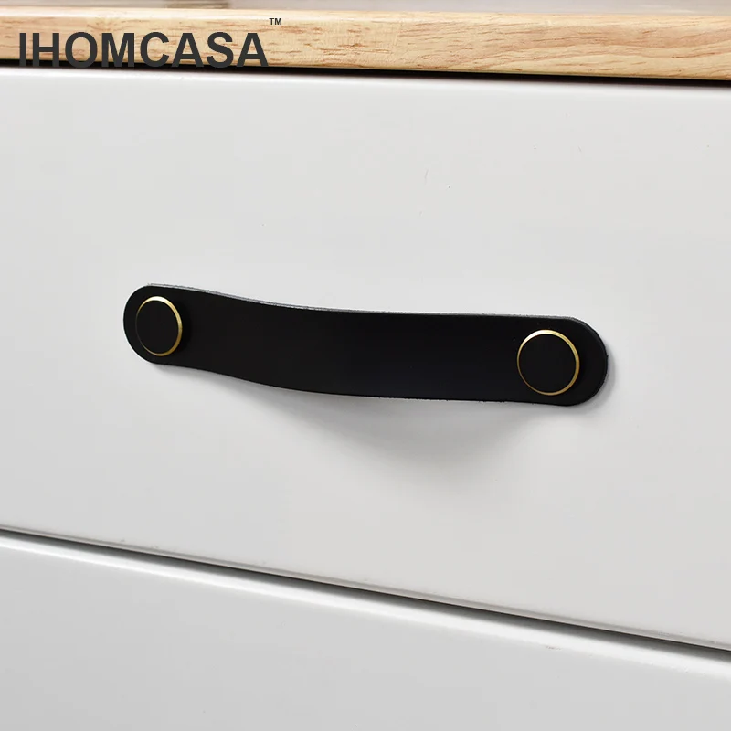 IHOMCASA Black Leather Furniture Handles Wardrobe Drawer Door Pull For Cupboard Gold Brass Shoe Cabinet Knobs Kitchen Hardware