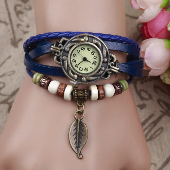 Reloj Vintage de cuero de vaca para mujer, pulsera de cuarzo con cuentas Vogue, Estilo Vintage, kz010