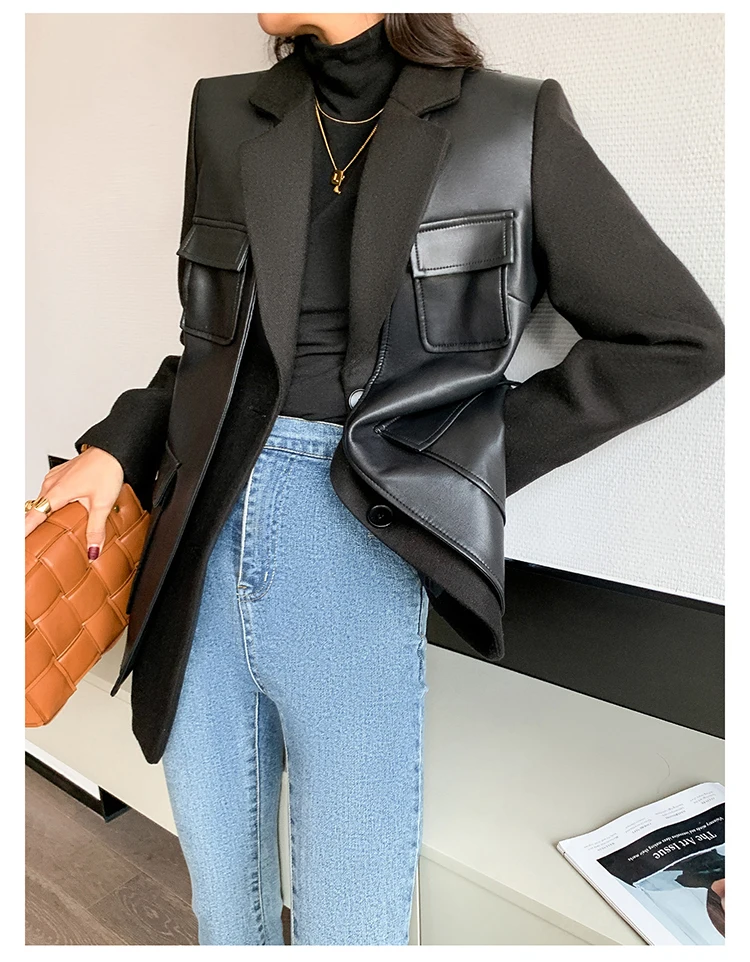 Nerazzurri Autumn Black Wool Blends Patchwork Leather Jacket Women with Many Pockets Long Sleeve Korean Fashion Streetwear 2022