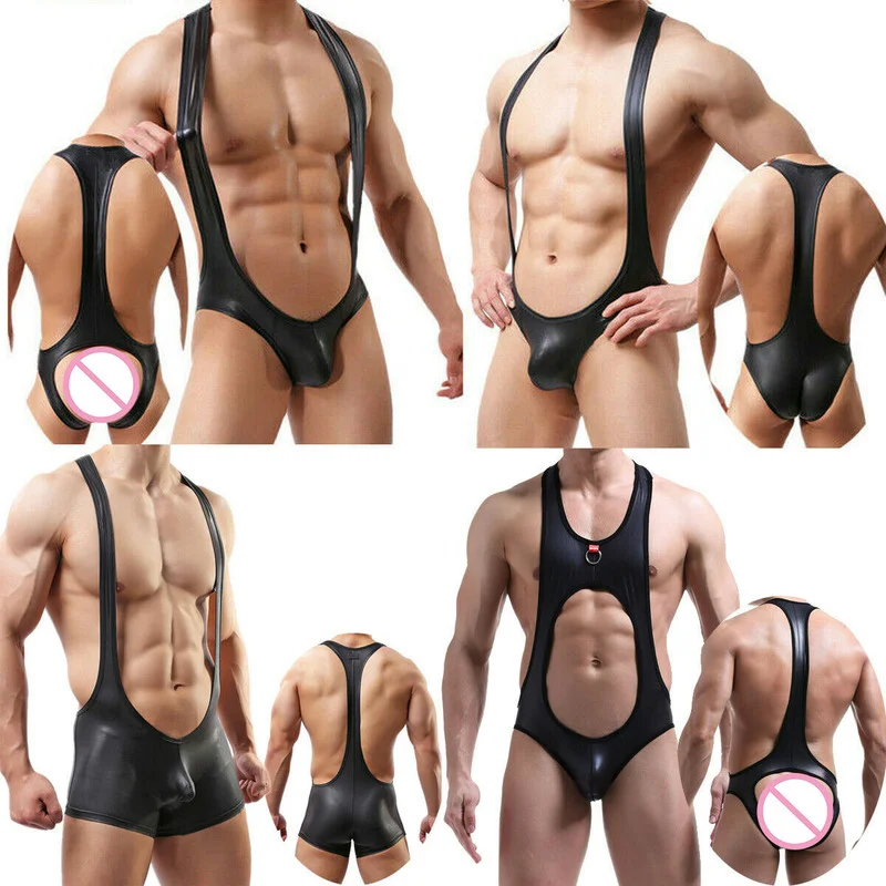 Gay Underwear Mens Lingerie Sexy PU Bodysuit Jockstrap Wrestling Singlet Leotard Jumpsuit Suspender Overalls Sexy Gay Underwear