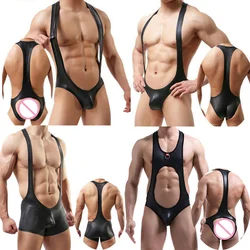 Gay Underwear Mens Lingerie Sexy PU Bodysuit Jockstrap Wrestling Singlet Leotard Jumpsuit Suspender Overalls Sexy Gay  Underwear