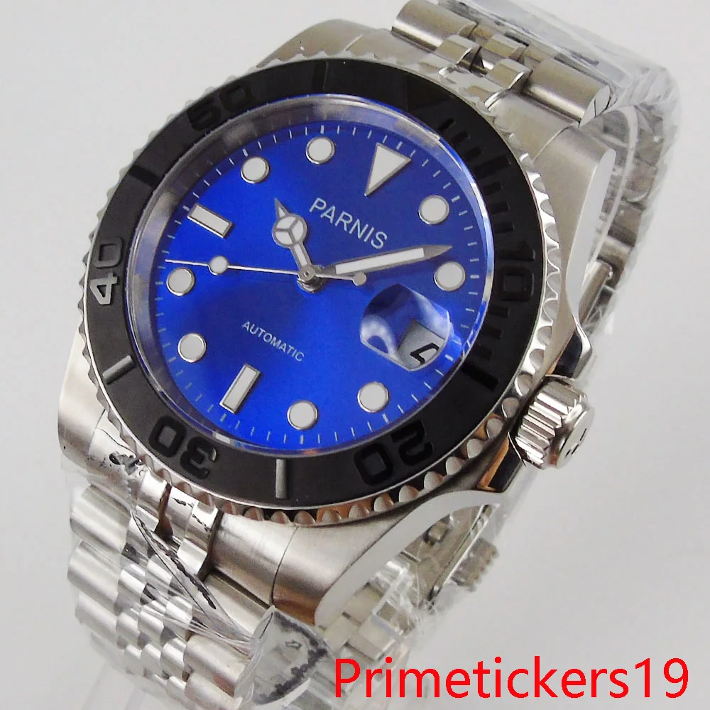 

40mm parnis blue dial stainless steel case date indicator automatic men watch rotating bezel stainless steel case