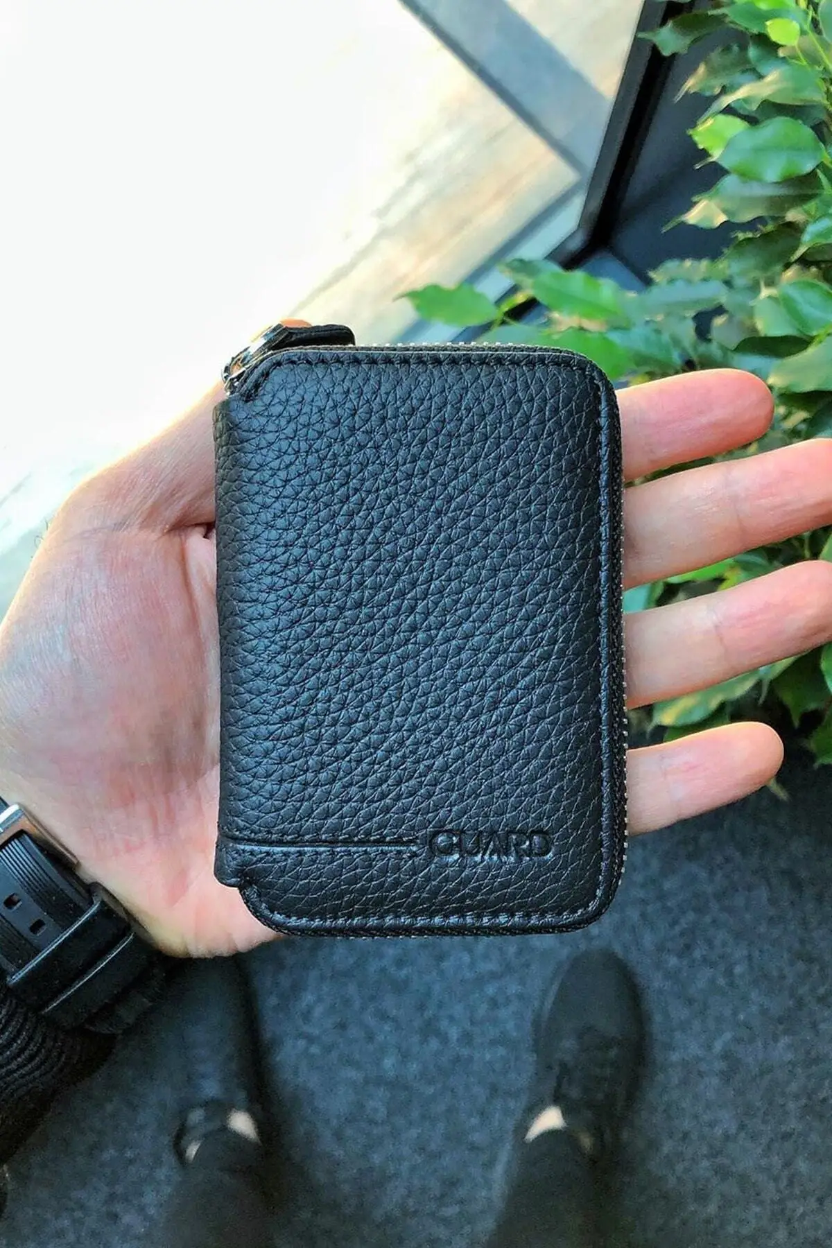 Black Genuine Leather Mini Zipper Wallet