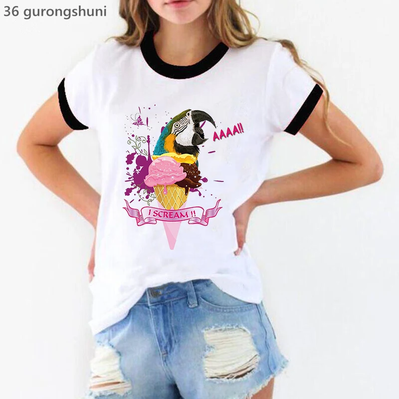 

Watercolor Cockatiel Parrot Donuts Print T-Shirt Women Funny White Tshirt Femme Harajuku Kawaii Clothes Short Sleeve T Shirt