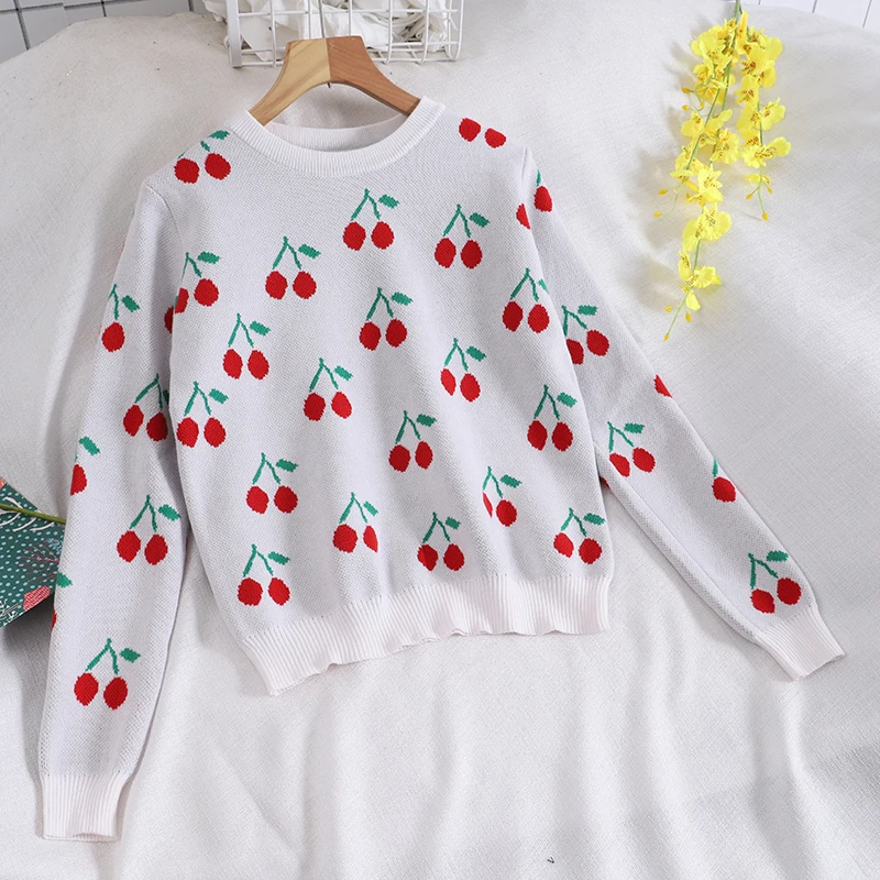 Autumn Winter Women Sweet Cute Preppy Style Cherry Print Loose Knitted Sweater Female Fashion Chic O-neck Pullover Knitwear Tops