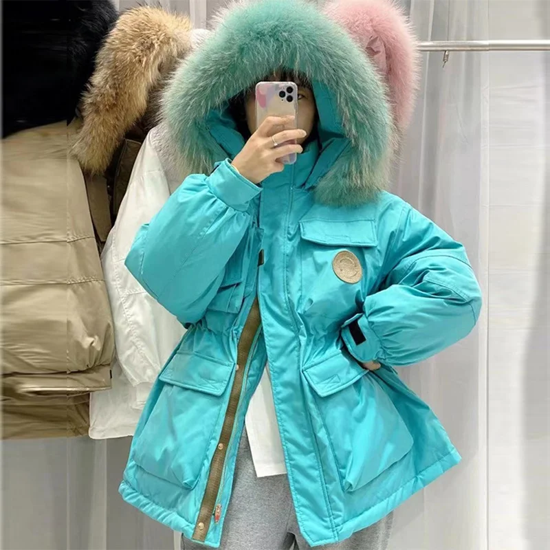 

2021 New Women's Winter Fashion Mediumn Long Thickened Fur Collar Waist Parka For Ladies Solid Color Causal White Duck Down Coat