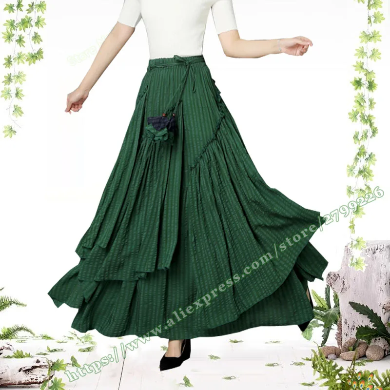 2020 Women's Clothing Summer Vintage Style Cotton and Linen Elegant Female Pleated Asymmetrical Long Maxi Skirts for Womens