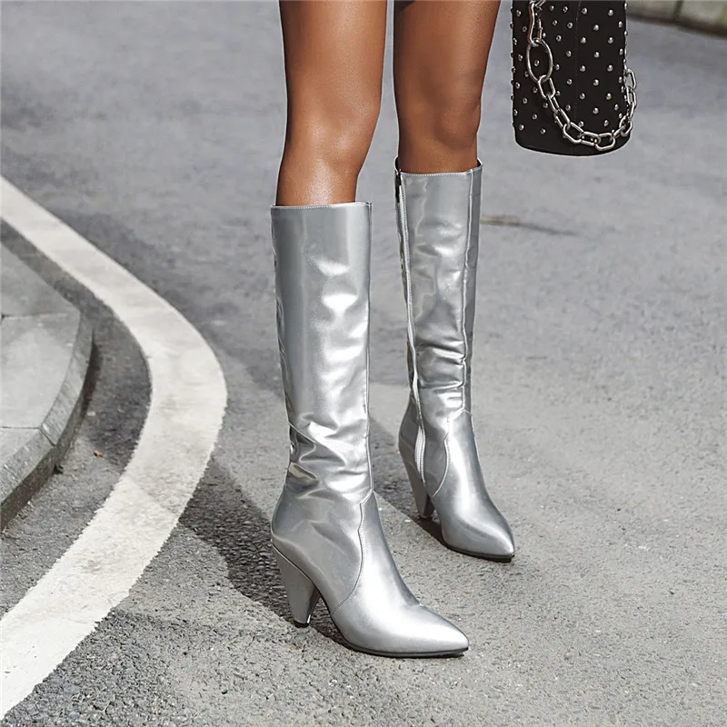 

YQBTDL New Arrival Fashion Spike High Heel Boots Mid Long Pu Patent Leather Western Cowgirl Boots Lady Silver White Black Shoes