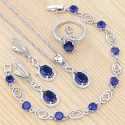 925 Sterling Silver Bridal Jewelry Set Sapphire Ring Earrings Bracelet Necklace Pendant for Women Party Accessories