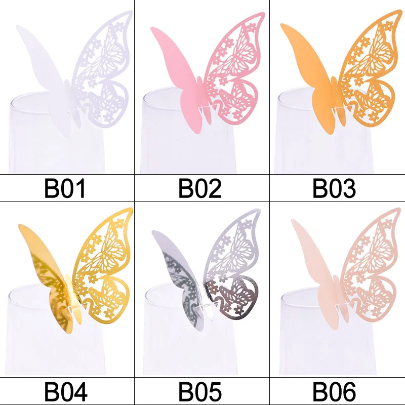 Laser Cut Butterfly Paper Place Card, Wine Glass Cup Cartões de Nome, Wedding Party Home Decoração, Ouro e Prata, 7, 50Pcs