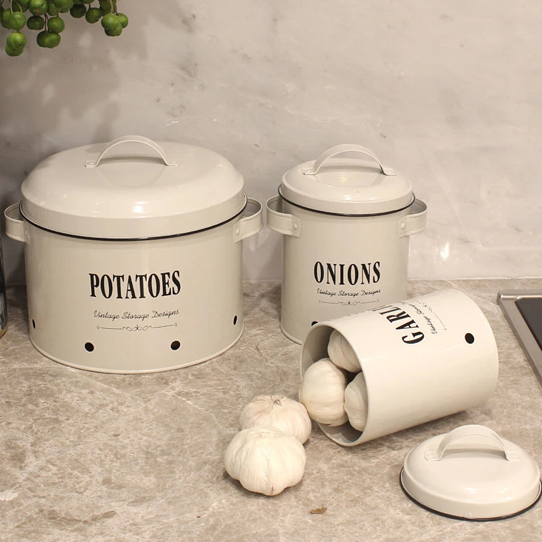 Metal Canisters Set, Kitchen Organizer, Storage Bins, Onions, Garlic Container, White Box, Set of 3