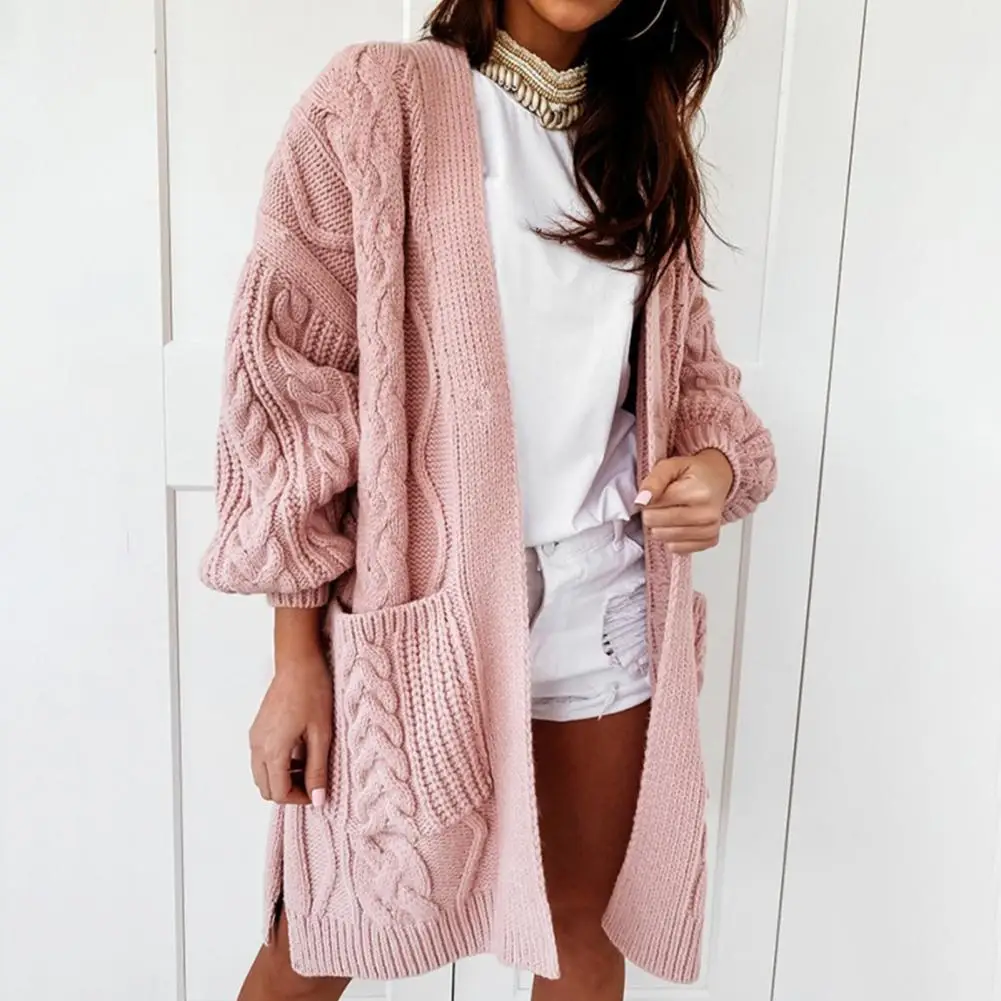 

Women Sweater Coat Twist Pattern Stretchy Autumn Winter Warm Pure Color Cardigan for Daily Wear