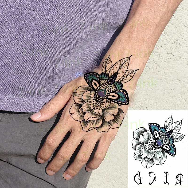 Tatuagem temporária à prova dwaterproof água adesivos preto peônia flor azul borboleta folha arte tatto flash tatoo tatuagens falsas para mulher