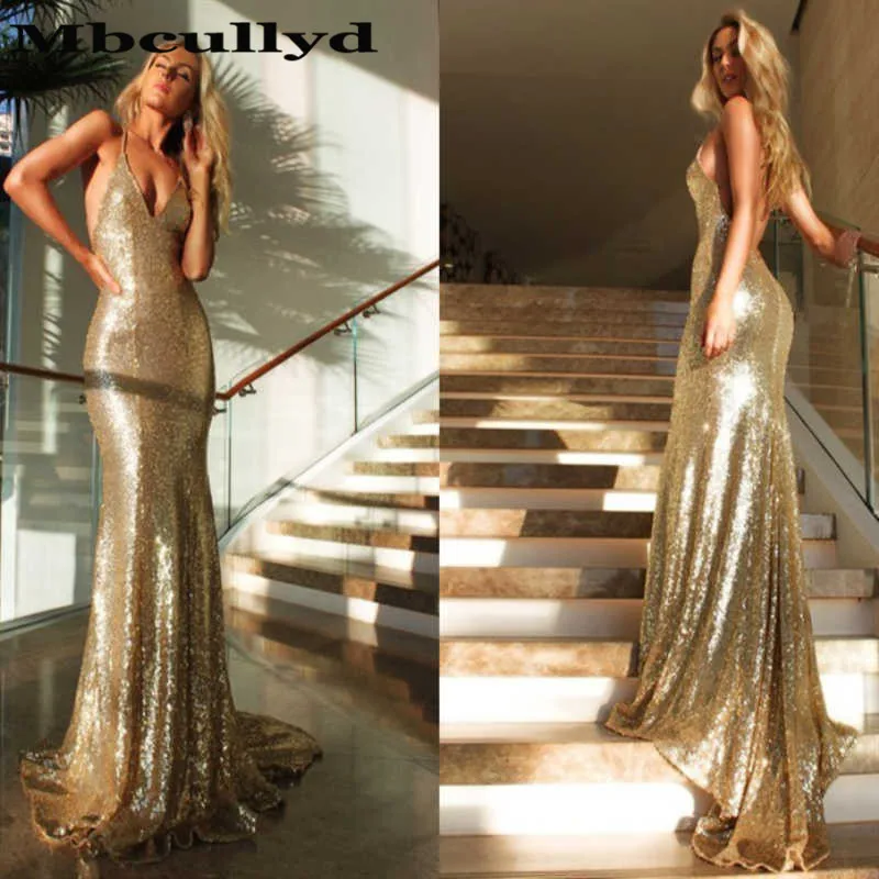 Mbcullyd Gold Sequined Mermaid Prom Dress Long 2023 Deep V Neck Evening Party Gowns Sexy Backless Women Robe De Soiree