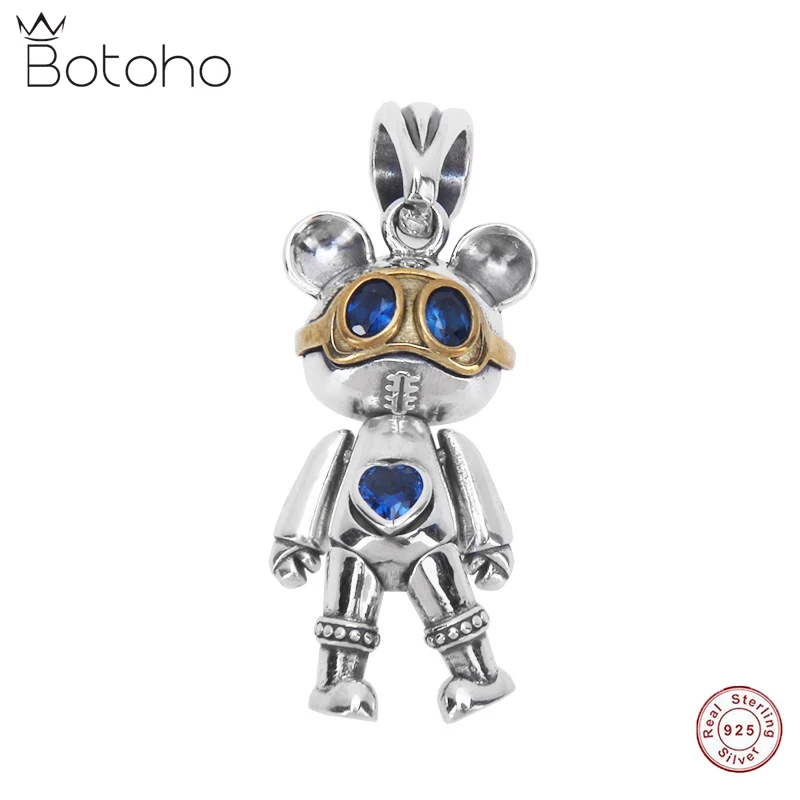 

BOTOHO 2021 Trend 100% s925 Silver Jewelry New Doll Aviator Bear Love Heart Blue Zircon Men and Women Pendant Rotatable Limbs