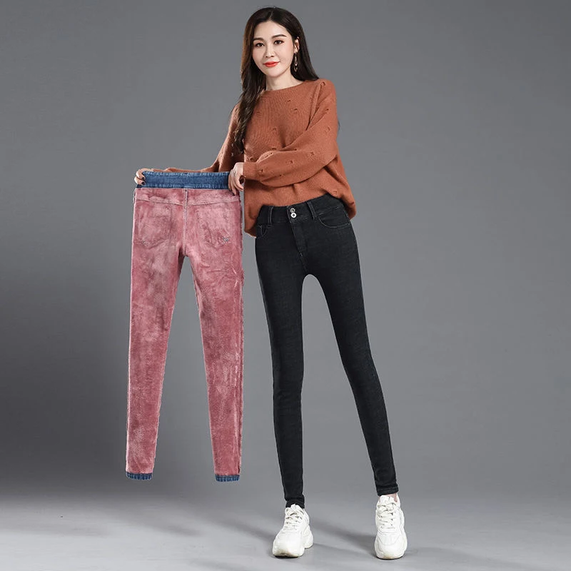 Warm Jeans Pants For Women Plus Size Winter Blue Light blue Solid Skinny Fleeces Thick Pencil Pants with Velvet Denim Trousers